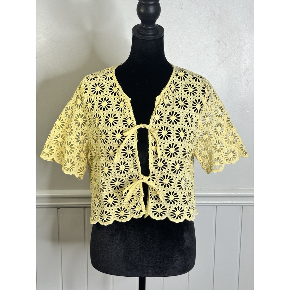 Anthropologie Maeve Top One Size Butter Yellow Eyelet Tie Front Euro Summer